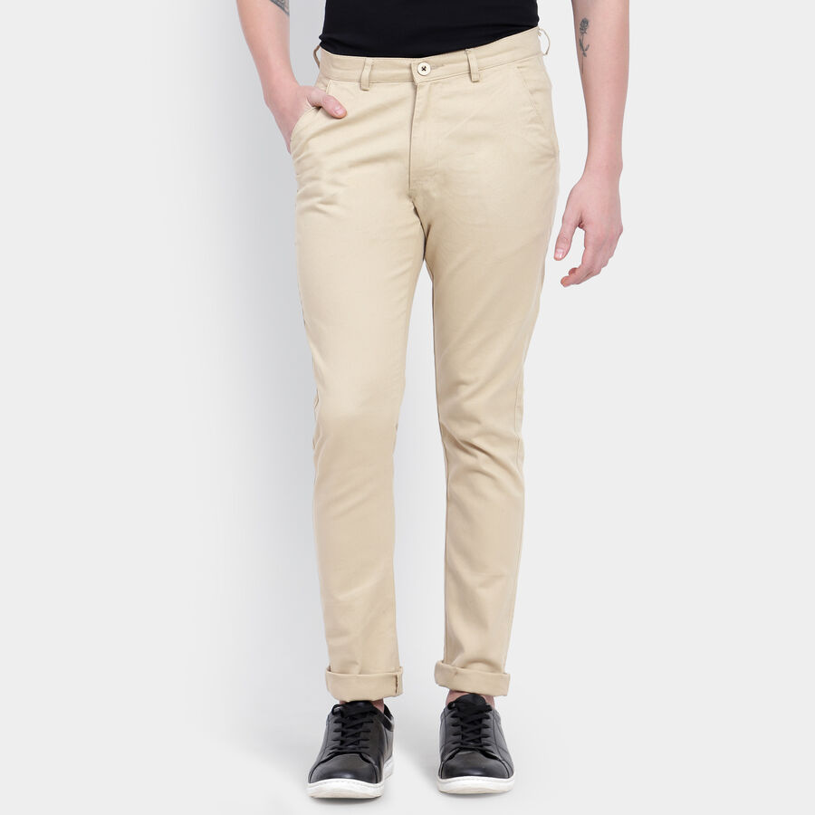 Men's Cotton Slim Fit Casual Trousers, Beige, large image number null